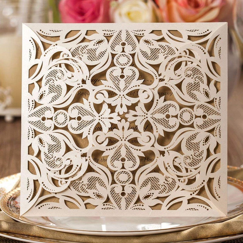 Hosmsua 50PCS Ivory Laser Cut Wedding Invitation Cards with Envelopes 6.3 x 6.3 Inch Hollow Rose Invitations for Wedding Bridal Shower Invite (Ivory, Blank) - Image 2